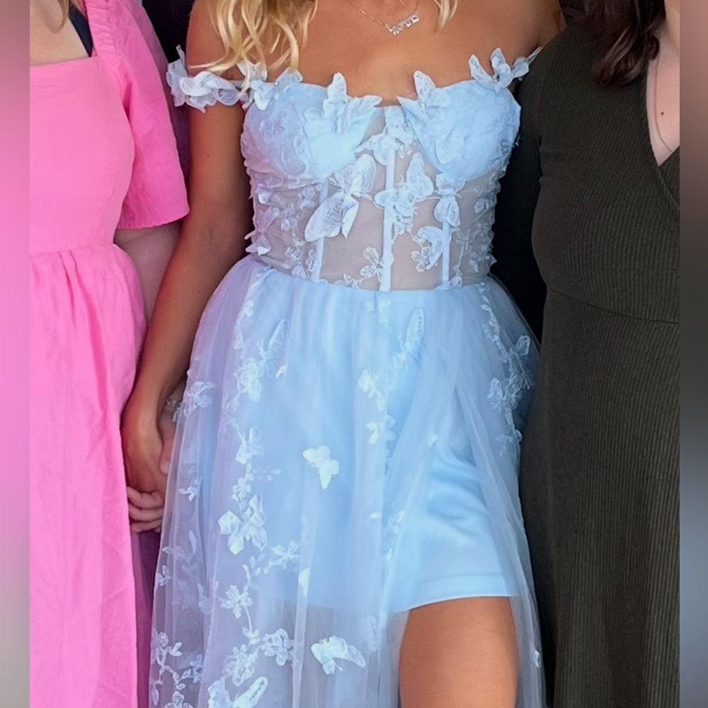Elegant Blue Sheer Overlay Ball Gown Dress with Butterflies